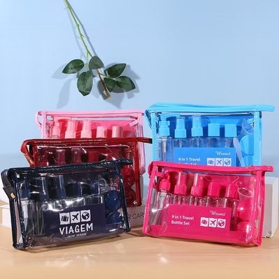 60ml 9pcs 세트 플라스틱 여행 세트 병 컨테이너 로션 펌프 스프레이 플립 캡 병 병 재사용