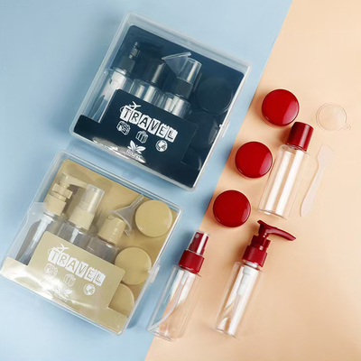 50ml 7pcs 세트 플라스틱 여행 세트 병 지퍼 가방 세트 화장품 컨테이너 스프레이 플립 캡